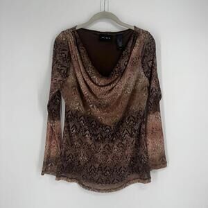 Vintage y2k 90s brown cowl neck top large L shirt blouse fall sheer mesh axcess
